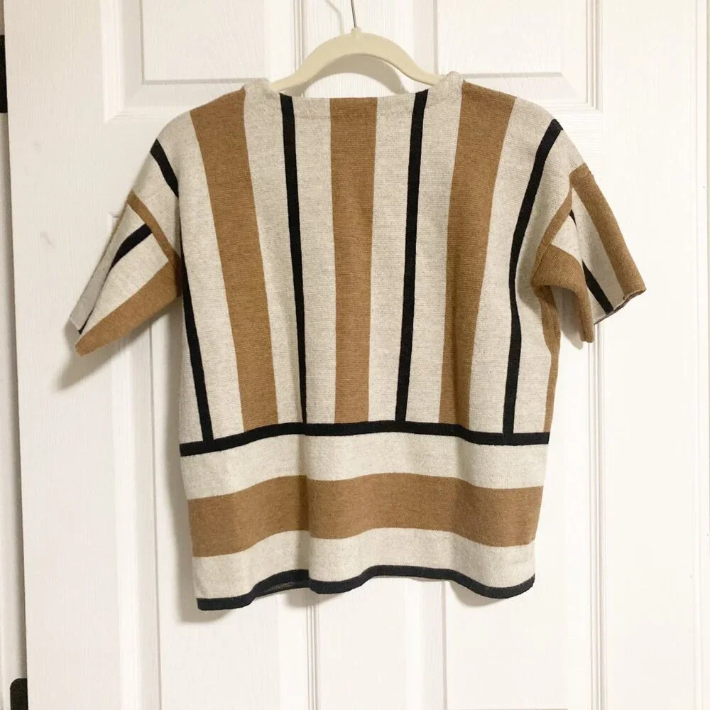 J.Crew 100% Merino Wool Striped Short Sleeve Sweater Tan Black Size XS